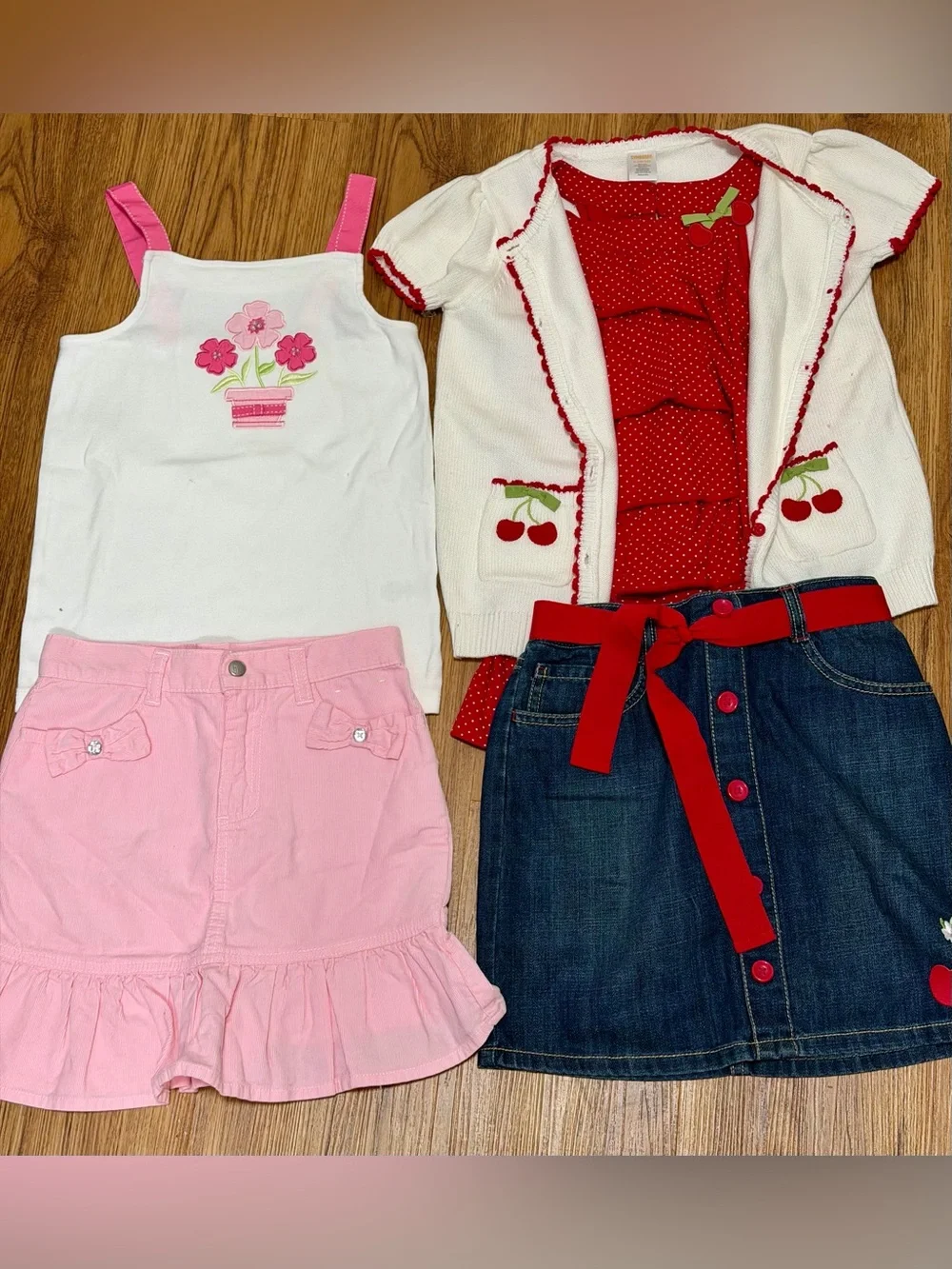 Gymboree Girls L 9/10 Cherry Tank & Cardi Denim Skirt Belt FloralTank Pink Skirt